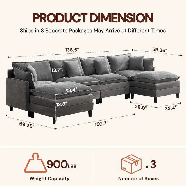 Alt view image 3 of 7 - Korser 138" U-Shaped Modular Sectional Sofa, 4-Seater Cloud Couch with 2 Movable Ottomans, Modern Chenille Sofa Set with Removable Washable Pillows for Living Room, Bedroom, Apartment