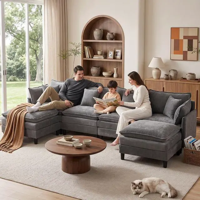 Alt view image 2 of 7 - Korser 138" U-Shaped Modular Sectional Sofa, 4-Seater Cloud Couch with 2 Movable Ottomans, Modern Chenille Sofa Set with Removable Washable Pillows for Living Room, Bedroom, Apartment