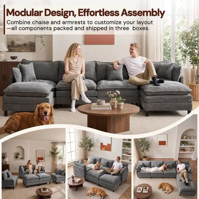 Alt view image 4 of 7 - Korser 138" U-Shaped Modular Sectional Sofa, 4-Seater Cloud Couch with 2 Movable Ottomans, Modern Chenille Sofa Set with Removable Washable Pillows for Living Room, Bedroom, Apartment