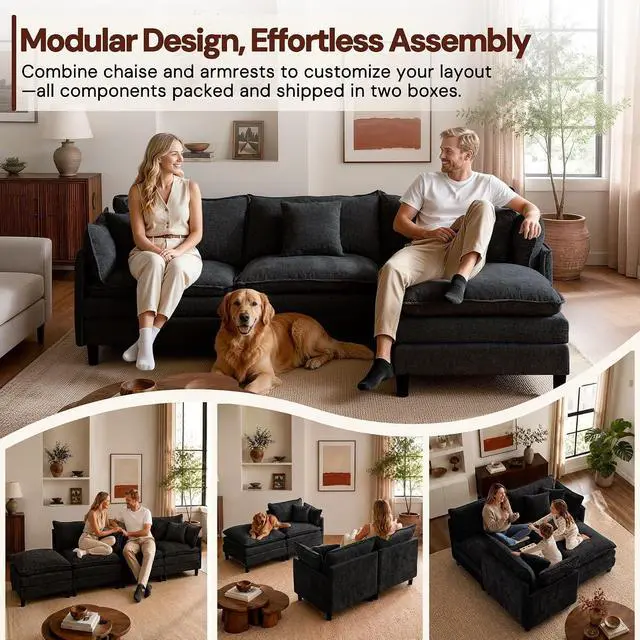 Alt view image 4 of 7 - Korser 105" L-Shaped Modular Sectional Sofa, 3-Seater Cloud Couch with 1 Movable Ottoman, Modern Chenille Sofa Set with Removable Washable Pillows for Living Room, Bedroom, Apartment