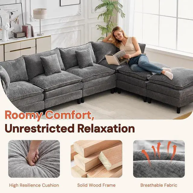 Alt view image 7 of 7 - Korser 138" U-Shaped Modular Sectional Sofa, 4-Seater Cloud Couch with 2 Movable Ottomans, Modern Chenille Sofa Set with Removable Washable Pillows for Living Room, Bedroom, Apartment