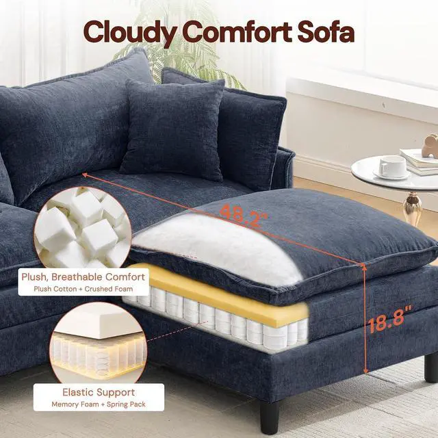 Alt view image 6 of 7 - Korser 138" U-Shaped Modular Sectional Sofa, 4-Seater Cloud Couch with 2 Movable Ottomans, Modern Chenille Sofa Set with Removable Washable Pillows for Living Room, Bedroom, Apartment