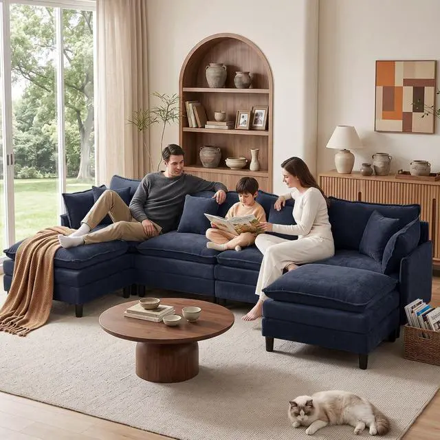 Alt view image 2 of 7 - Korser 138" U-Shaped Modular Sectional Sofa, 4-Seater Cloud Couch with 2 Movable Ottomans, Modern Chenille Sofa Set with Removable Washable Pillows for Living Room, Bedroom, Apartment