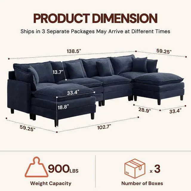 Alt view image 3 of 7 - Korser 138" U-Shaped Modular Sectional Sofa, 4-Seater Cloud Couch with 2 Movable Ottomans, Modern Chenille Sofa Set with Removable Washable Pillows for Living Room, Bedroom, Apartment