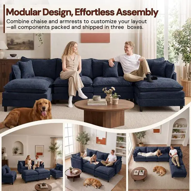 Alt view image 4 of 7 - Korser 138" U-Shaped Modular Sectional Sofa, 4-Seater Cloud Couch with 2 Movable Ottomans, Modern Chenille Sofa Set with Removable Washable Pillows for Living Room, Bedroom, Apartment