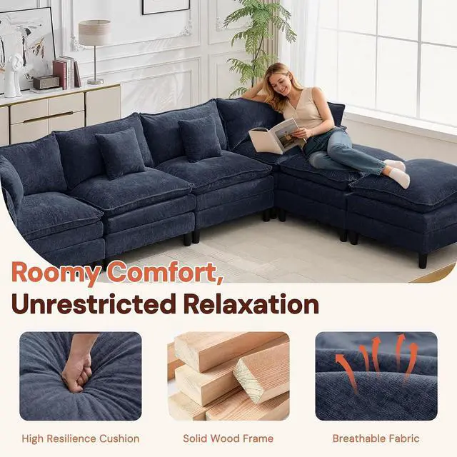 Alt view image 7 of 7 - Korser 138" U-Shaped Modular Sectional Sofa, 4-Seater Cloud Couch with 2 Movable Ottomans, Modern Chenille Sofa Set with Removable Washable Pillows for Living Room, Bedroom, Apartment