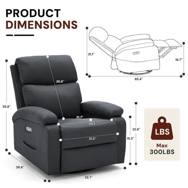 Alt view image 2 of 7 - Korser Power Swivel Rocker Recliner Chair, Electric Glider Rocking Chair Nursery with Massage & Heat, PU Leather Nursery Rocking Chairs with USB & Type-C Ports for Living Room, Bedroom, Nursery, Black