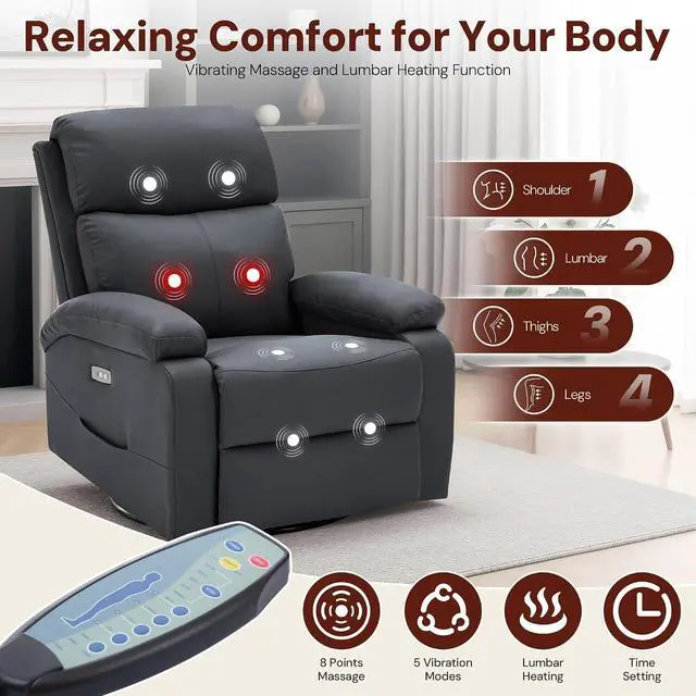 Alt view image 4 of 7 - Korser Power Swivel Rocker Recliner Chair, Electric Glider Rocking Chair Nursery with Massage & Heat, PU Leather Nursery Rocking Chairs with USB & Type-C Ports for Living Room, Bedroom, Nursery, Black