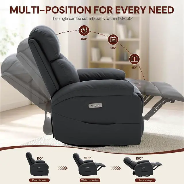 Alt view image 5 of 7 - Korser Power Swivel Rocker Recliner Chair, Electric Glider Rocking Chair Nursery with Massage & Heat, PU Leather Nursery Rocking Chairs with USB & Type-C Ports for Living Room, Bedroom, Nursery, Black