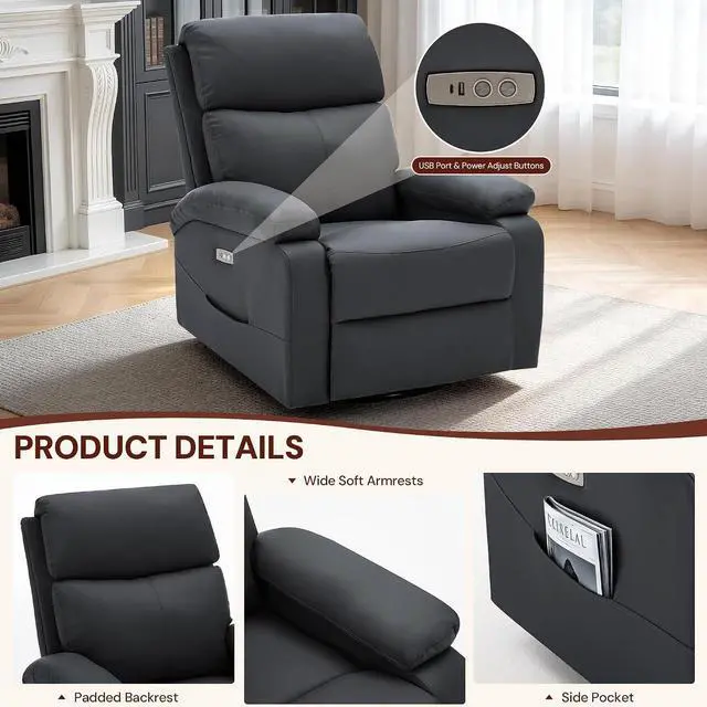 Alt view image 6 of 7 - Korser Power Swivel Rocker Recliner Chair, Electric Glider Rocking Chair Nursery with Massage & Heat, PU Leather Nursery Rocking Chairs with USB & Type-C Ports for Living Room, Bedroom, Nursery, Black