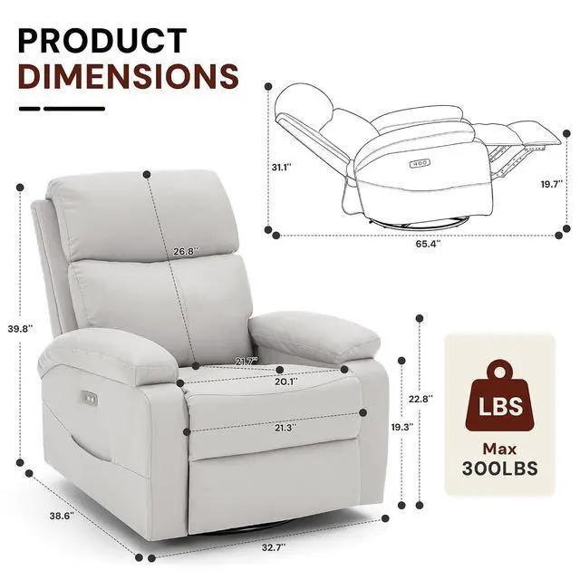 Alt view image 2 of 7 - Korser Power Swivel Rocker Recliner Chair, Electric Glider Rocking Chair Nursery with Massage & Heat, PU Leather Nursery Rocking Chairs with USB & Type-C Ports for Living Room, Bedroom, Nursery, White