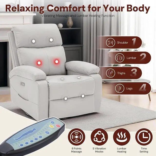 Alt view image 4 of 7 - Korser Power Swivel Rocker Recliner Chair, Electric Glider Rocking Chair Nursery with Massage & Heat, PU Leather Nursery Rocking Chairs with USB & Type-C Ports for Living Room, Bedroom, Nursery, White