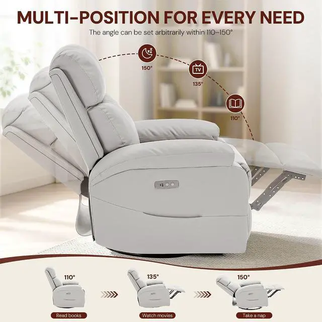 Alt view image 5 of 7 - Korser Power Swivel Rocker Recliner Chair, Electric Glider Rocking Chair Nursery with Massage & Heat, PU Leather Nursery Rocking Chairs with USB & Type-C Ports for Living Room, Bedroom, Nursery, White