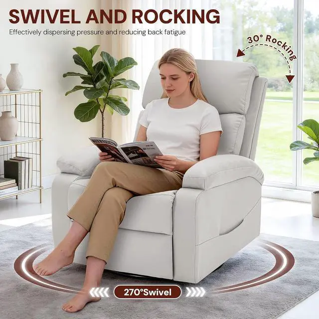 Alt view image 3 of 7 - Korser Power Swivel Rocker Recliner Chair, Electric Glider Rocking Chair Nursery with Massage & Heat, PU Leather Nursery Rocking Chairs with USB & Type-C Ports for Living Room, Bedroom, Nursery, White