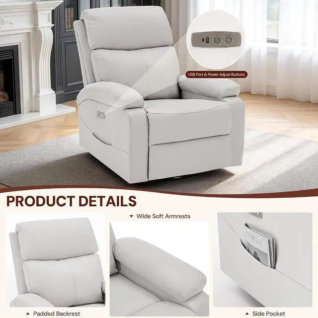 Alt view image 6 of 7 - Korser Power Swivel Rocker Recliner Chair, Electric Glider Rocking Chair Nursery with Massage & Heat, PU Leather Nursery Rocking Chairs with USB & Type-C Ports for Living Room, Bedroom, Nursery, White