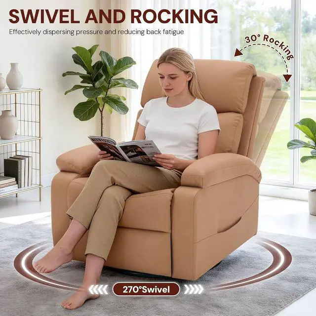 Alt view image 3 of 7 - Korser Power Swivel Rocker Recliner Chair, Electric Glider Rocking Chair Nursery with Massage & Heat, PU Leather Nursery Rocking Chairs with USB & Type-C Ports for Living Room, Bedroom, Nursery, Brown