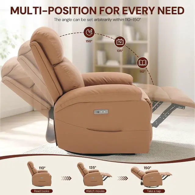 Alt view image 5 of 7 - Korser Power Swivel Rocker Recliner Chair, Electric Glider Rocking Chair Nursery with Massage & Heat, PU Leather Nursery Rocking Chairs with USB & Type-C Ports for Living Room, Bedroom, Nursery, Brown