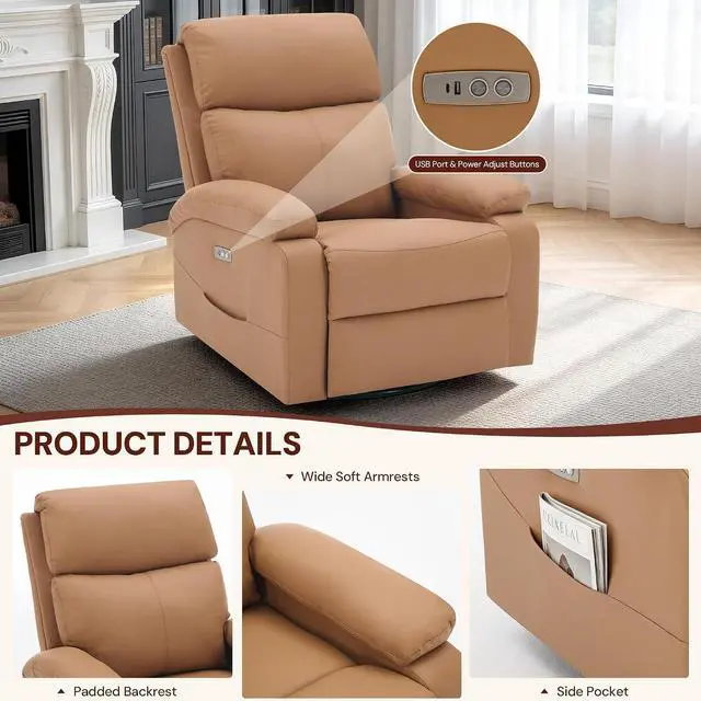Alt view image 6 of 7 - Korser Power Swivel Rocker Recliner Chair, Electric Glider Rocking Chair Nursery with Massage & Heat, PU Leather Nursery Rocking Chairs with USB & Type-C Ports for Living Room, Bedroom, Nursery, Brown