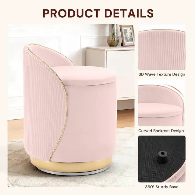 Alt view image 3 of 7 - Korser Swivel Vanity Chair with Storage, 360° Barrel Accent Chair, Velvet Makeup Chair with Wave Back, No Assembly Small Swivel Armchair for Bedroom, Dressing, Living Room, Pink