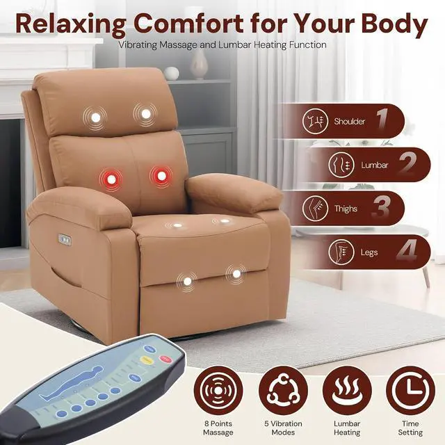 Alt view image 4 of 7 - Korser Power Swivel Rocker Recliner Chair, Electric Glider Rocking Chair Nursery with Massage & Heat, PU Leather Nursery Rocking Chairs with USB & Type-C Ports for Living Room, Bedroom, Nursery, Brown