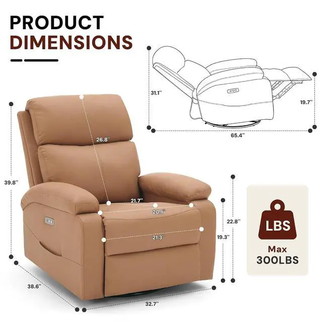 Alt view image 2 of 7 - Korser Power Swivel Rocker Recliner Chair, Electric Glider Rocking Chair Nursery with Massage & Heat, PU Leather Nursery Rocking Chairs with USB & Type-C Ports for Living Room, Bedroom, Nursery, Brown