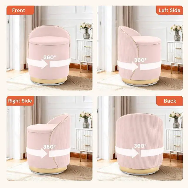 Alt view image 7 of 7 - Korser Swivel Vanity Chair with Storage, 360° Barrel Accent Chair, Velvet Makeup Chair with Wave Back, No Assembly Small Swivel Armchair for Bedroom, Dressing, Living Room, Pink