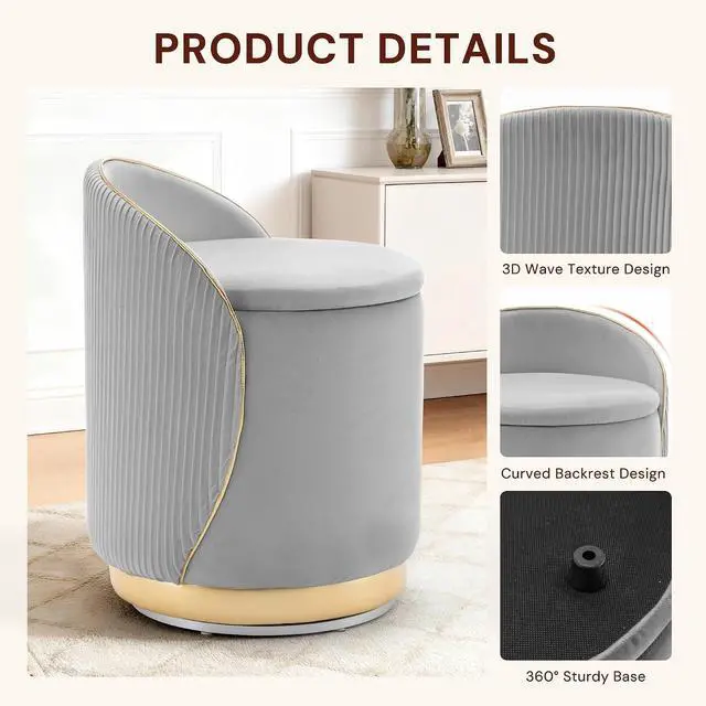 Alt view image 3 of 7 - Korser Swivel Vanity Chair with Storage, 360° Barrel Accent Chair, Velvet Makeup Chair with Wave Back, No Assembly Small Swivel Armchair for Bedroom, Dressing, Living Room, Grey