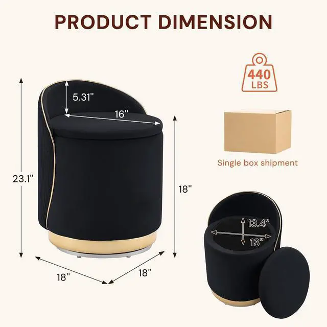 Alt view image 2 of 7 - Korser Swivel Vanity Chair with Storage, 360° Barrel Accent Chair, Velvet Makeup Chair with Wave Back, No Assembly Small Swivel Armchair for Bedroom, Dressing, Living Room, Black