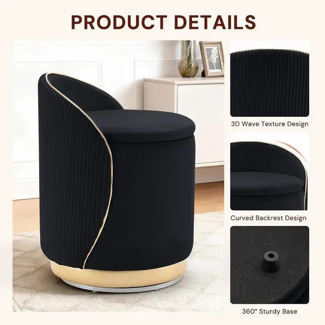 Alt view image 3 of 7 - Korser Swivel Vanity Chair with Storage, 360° Barrel Accent Chair, Velvet Makeup Chair with Wave Back, No Assembly Small Swivel Armchair for Bedroom, Dressing, Living Room, Black