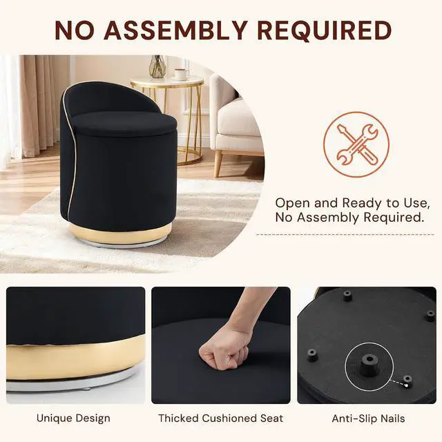 Alt view image 4 of 7 - Korser Swivel Vanity Chair with Storage, 360° Barrel Accent Chair, Velvet Makeup Chair with Wave Back, No Assembly Small Swivel Armchair for Bedroom, Dressing, Living Room, Black
