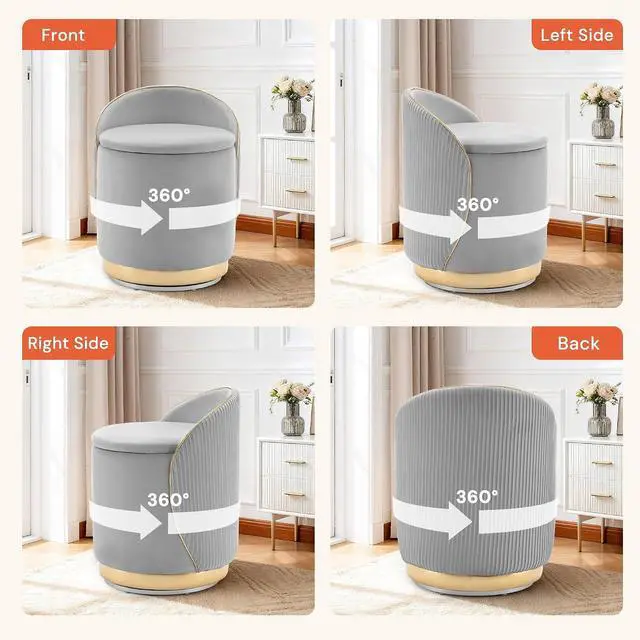 Alt view image 7 of 7 - Korser Swivel Vanity Chair with Storage, 360° Barrel Accent Chair, Velvet Makeup Chair with Wave Back, No Assembly Small Swivel Armchair for Bedroom, Dressing, Living Room, Grey