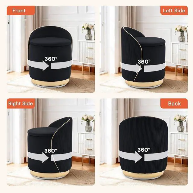 Alt view image 7 of 7 - Korser Swivel Vanity Chair with Storage, 360° Barrel Accent Chair, Velvet Makeup Chair with Wave Back, No Assembly Small Swivel Armchair for Bedroom, Dressing, Living Room, Black
