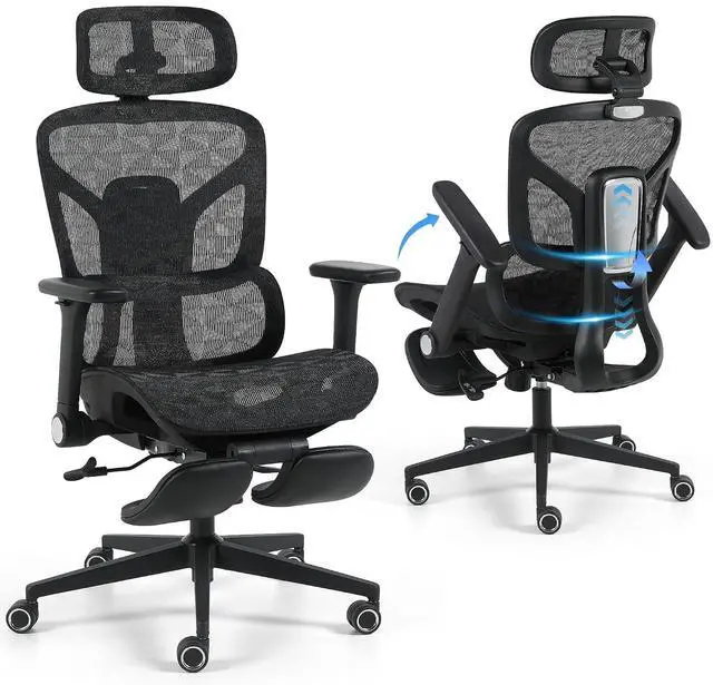 Main image of Korser Ergonomic Mesh Office Chair with Footrest, Big and Tall Desk Chair with 4D Flip-Up Arms, Auto-Tracking Lumbar Support, 3D Headrest, High Back Computer Gaming Chair for Home Office, Black