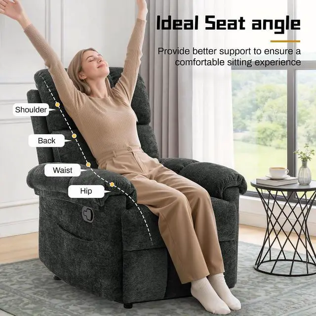 Alt view image 5 of 7 - Korser Recliner Chair, Living Room Recliner Chairs for Adults, Small Recliners for Small Spaces, Manual Recliner with Side Pockets, Upholstered Modern Nursery Chair for Living Room, Chenille, Black