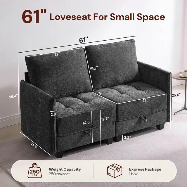 Alt view image 2 of 7 - Korser 61" Loveseat Sofa Couch with Storage, Modern Love Seat Couches for Living Room, Small Couch for Bedroom with USB Charging, Comfy Chenille Cloud Couch for Small Spaces, Dorm, Office, Black