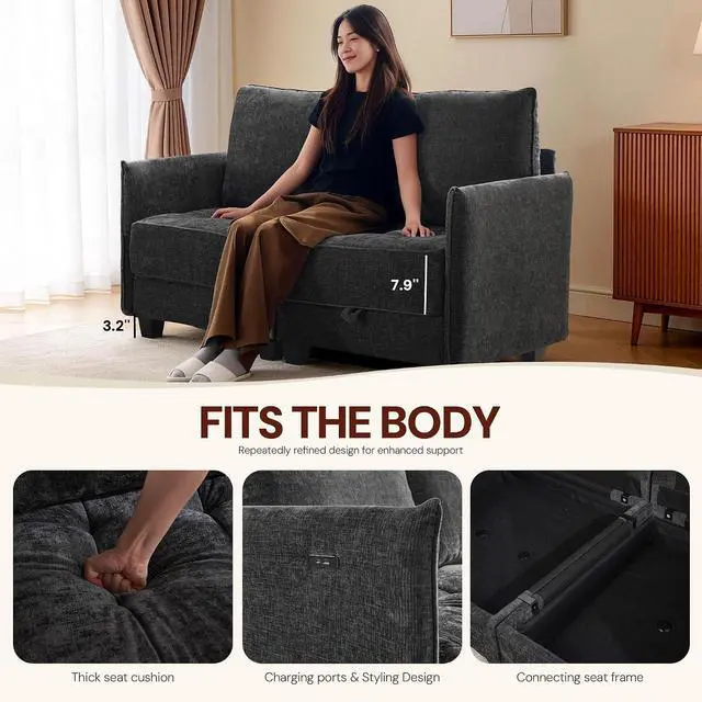 Alt view image 4 of 7 - Korser 61" Loveseat Sofa Couch with Storage, Modern Love Seat Couches for Living Room, Small Couch for Bedroom with USB Charging, Comfy Chenille Cloud Couch for Small Spaces, Dorm, Office, Black