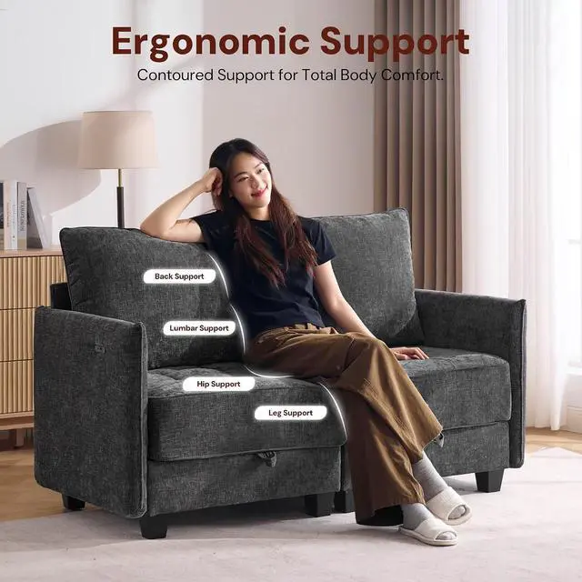 Alt view image 5 of 7 - Korser 61" Loveseat Sofa Couch with Storage, Modern Love Seat Couches for Living Room, Small Couch for Bedroom with USB Charging, Comfy Chenille Cloud Couch for Small Spaces, Dorm, Office, Black