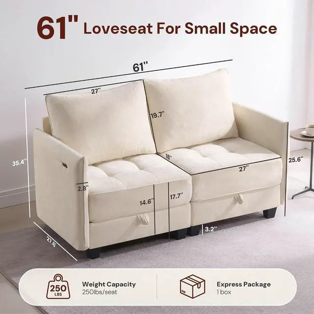 Alt view image 2 of 7 - Korser 61" Loveseat Sofa Couch with Storage, Modern Love Seat Couches for Living Room, Small Couch for Bedroom with USB Charging, Comfy Chenille Cloud Couch for Small Spaces, Dorm, Office, Beige