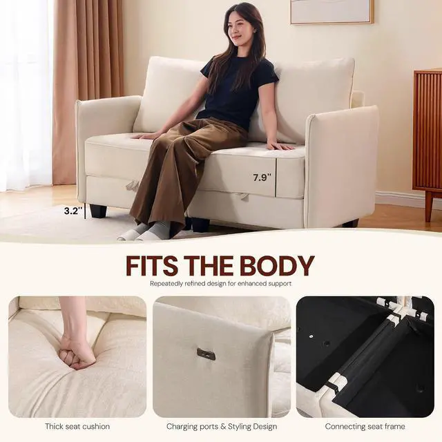 Alt view image 4 of 7 - Korser 61" Loveseat Sofa Couch with Storage, Modern Love Seat Couches for Living Room, Small Couch for Bedroom with USB Charging, Comfy Chenille Cloud Couch for Small Spaces, Dorm, Office, Beige
