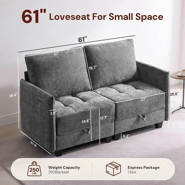 Alt view image 2 of 7 - Korser 61" Loveseat Sofa Couch with Storage, Modern Love Seat Couches for Living Room, Small Couch for Bedroom with USB Charging, Comfy Chenille Cloud Couch for Small Spaces, Dorm, Office, Darkgrey