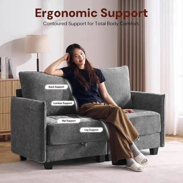 Alt view image 5 of 7 - Korser 61" Loveseat Sofa Couch with Storage, Modern Love Seat Couches for Living Room, Small Couch for Bedroom with USB Charging, Comfy Chenille Cloud Couch for Small Spaces, Dorm, Office, Darkgrey