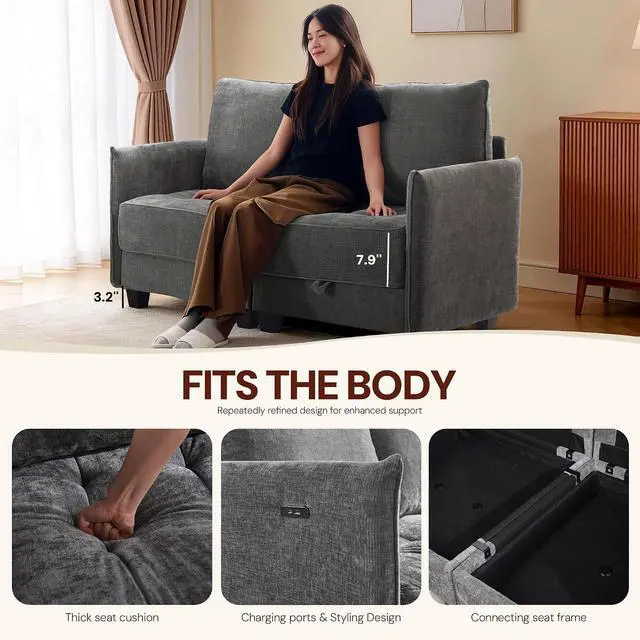 Alt view image 4 of 7 - Korser 61" Loveseat Sofa Couch with Storage, Modern Love Seat Couches for Living Room, Small Couch for Bedroom with USB Charging, Comfy Chenille Cloud Couch for Small Spaces, Dorm, Office, Darkgrey