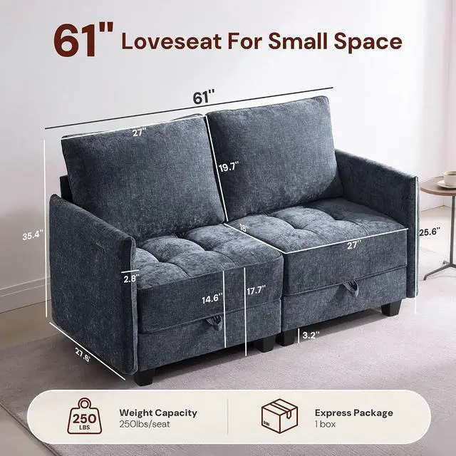 Alt view image 2 of 7 - Korser 61" Loveseat Sofa Couch with Storage, Modern Love Seat Couches for Living Room, Small Couch for Bedroom with USB Charging, Comfy Chenille Cloud Couch for Small Spaces, Dorm, Office, Dackblue