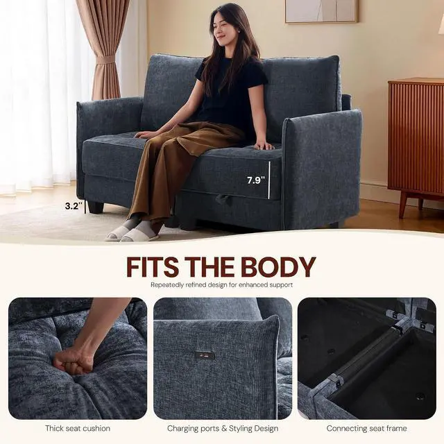 Alt view image 4 of 7 - Korser 61" Loveseat Sofa Couch with Storage, Modern Love Seat Couches for Living Room, Small Couch for Bedroom with USB Charging, Comfy Chenille Cloud Couch for Small Spaces, Dorm, Office, Dackblue