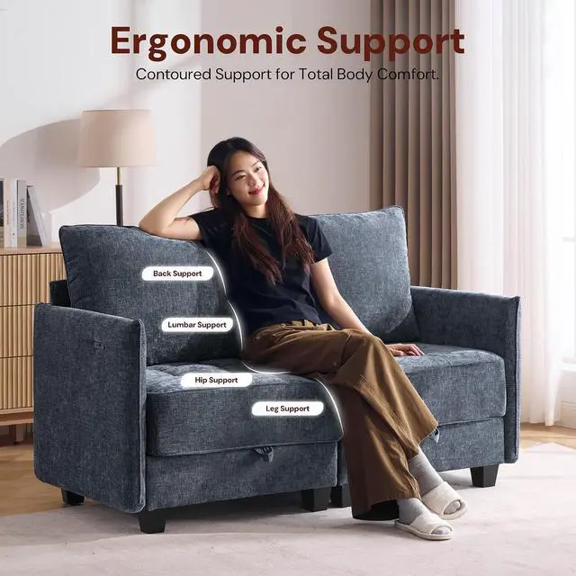 Alt view image 5 of 7 - Korser 61" Loveseat Sofa Couch with Storage, Modern Love Seat Couches for Living Room, Small Couch for Bedroom with USB Charging, Comfy Chenille Cloud Couch for Small Spaces, Dorm, Office, Dackblue