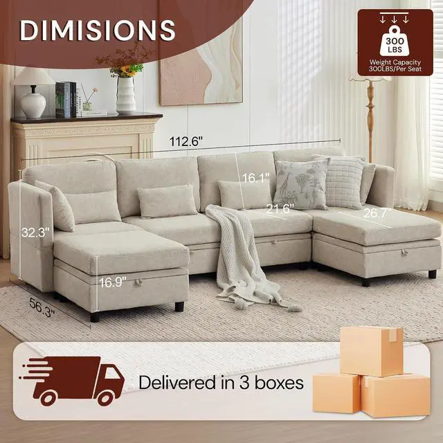 Alt view image 3 of 7 - Korser 112" Modular Sectional Sofa with Storage, Comfy Sectional Couches for Living Room, Convertible Modular Sofa with Ottoman, U Shaped Couch with Chaise, 6 Seats, Adjustable Armrest