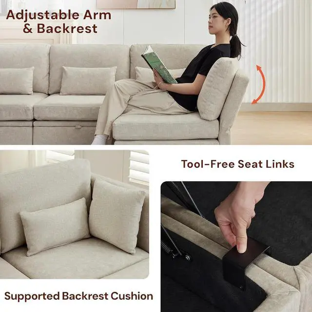 Alt view image 5 of 7 - Korser 112" Modular Sectional Sofa with Storage, Comfy Sectional Couches for Living Room, Convertible Modular Sofa with Ottoman, U Shaped Couch with Chaise, 6 Seats, Adjustable Armrest
