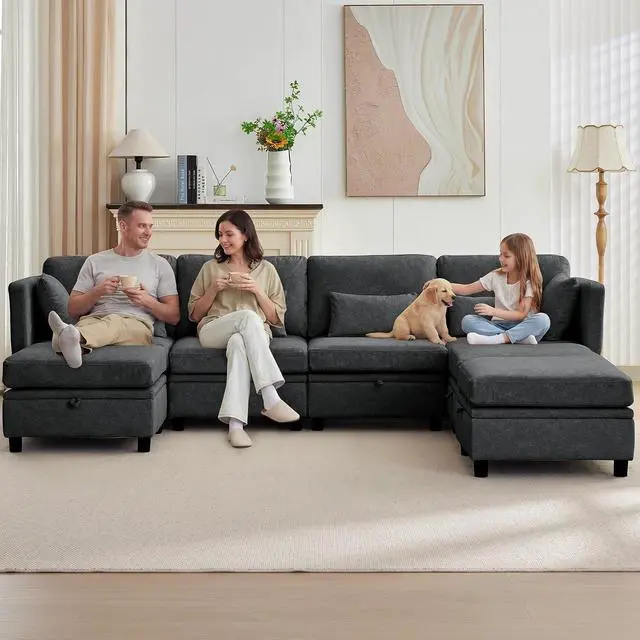 Alt view image 2 of 7 - Korser 112" Modular Sectional Sofa with Storage, Comfy Sectional Couches for Living Room, Convertible Modular Sofa with Ottoman, U Shaped Couch with Chaise, 6 Seats, Adjustable Armrest