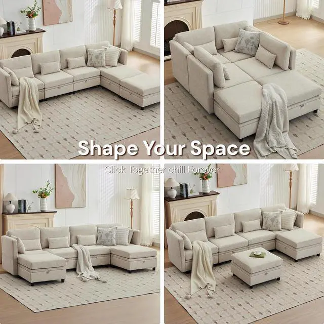 Alt view image 7 of 7 - Korser 112" Modular Sectional Sofa with Storage, Comfy Sectional Couches for Living Room, Convertible Modular Sofa with Ottoman, U Shaped Couch with Chaise, 6 Seats, Adjustable Armrest