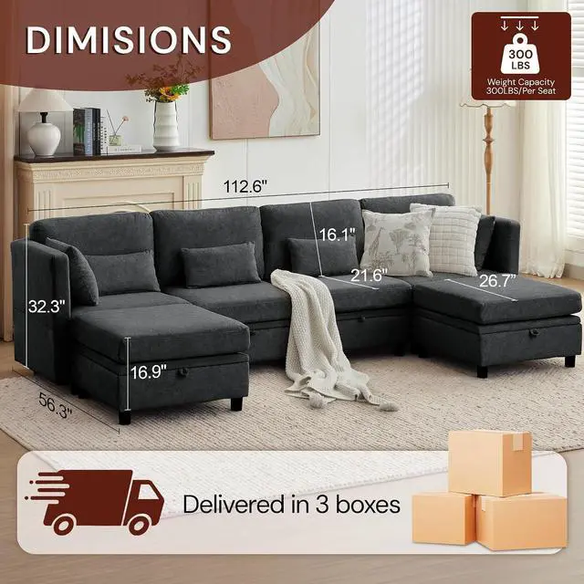 Alt view image 3 of 7 - Korser 112" Modular Sectional Sofa with Storage, Comfy Sectional Couches for Living Room, Convertible Modular Sofa with Ottoman, U Shaped Couch with Chaise, 6 Seats, Adjustable Armrest